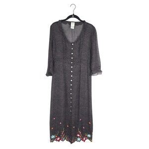 Garnet Hill Silk Sheer Polka Dot Floral Embroidered Button Down Midi Dress 6P